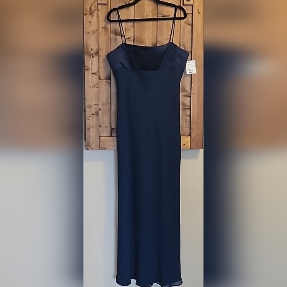 David's Bridal Navy Satin Gorgette Empire Waist Full Length Gown Size 18